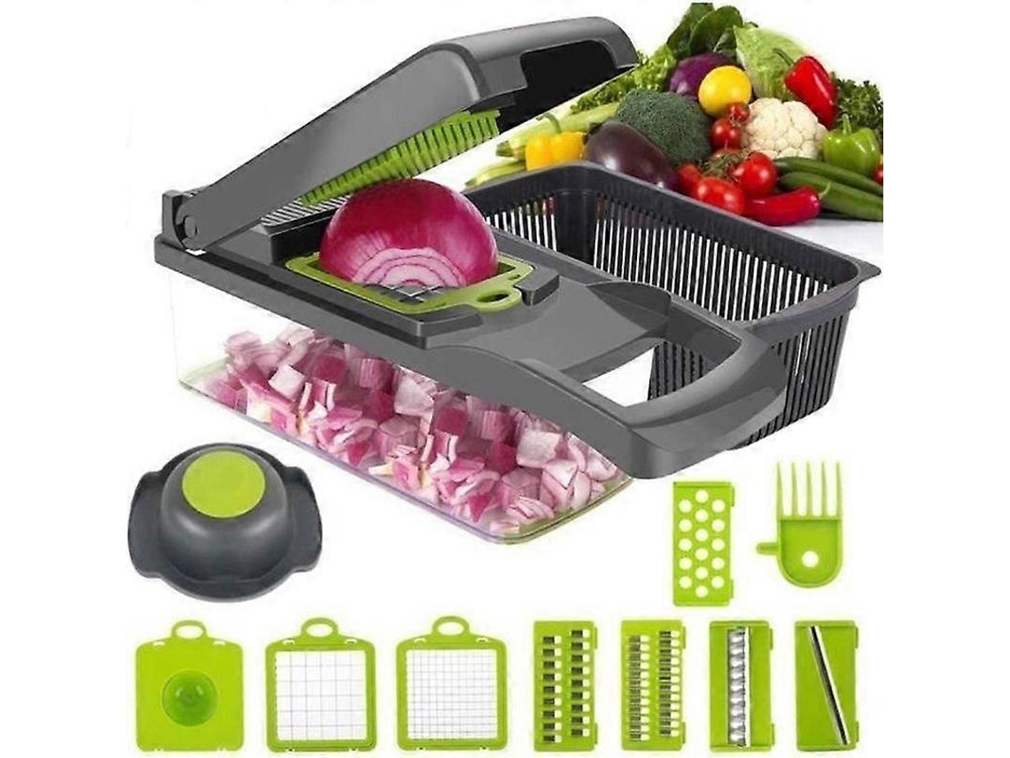 Mandolina multifuncional 12 en 1 para verduras con cuchillas de acero inoxidable y colador separador para cebollas, zanahorias y manzanas. Everley891