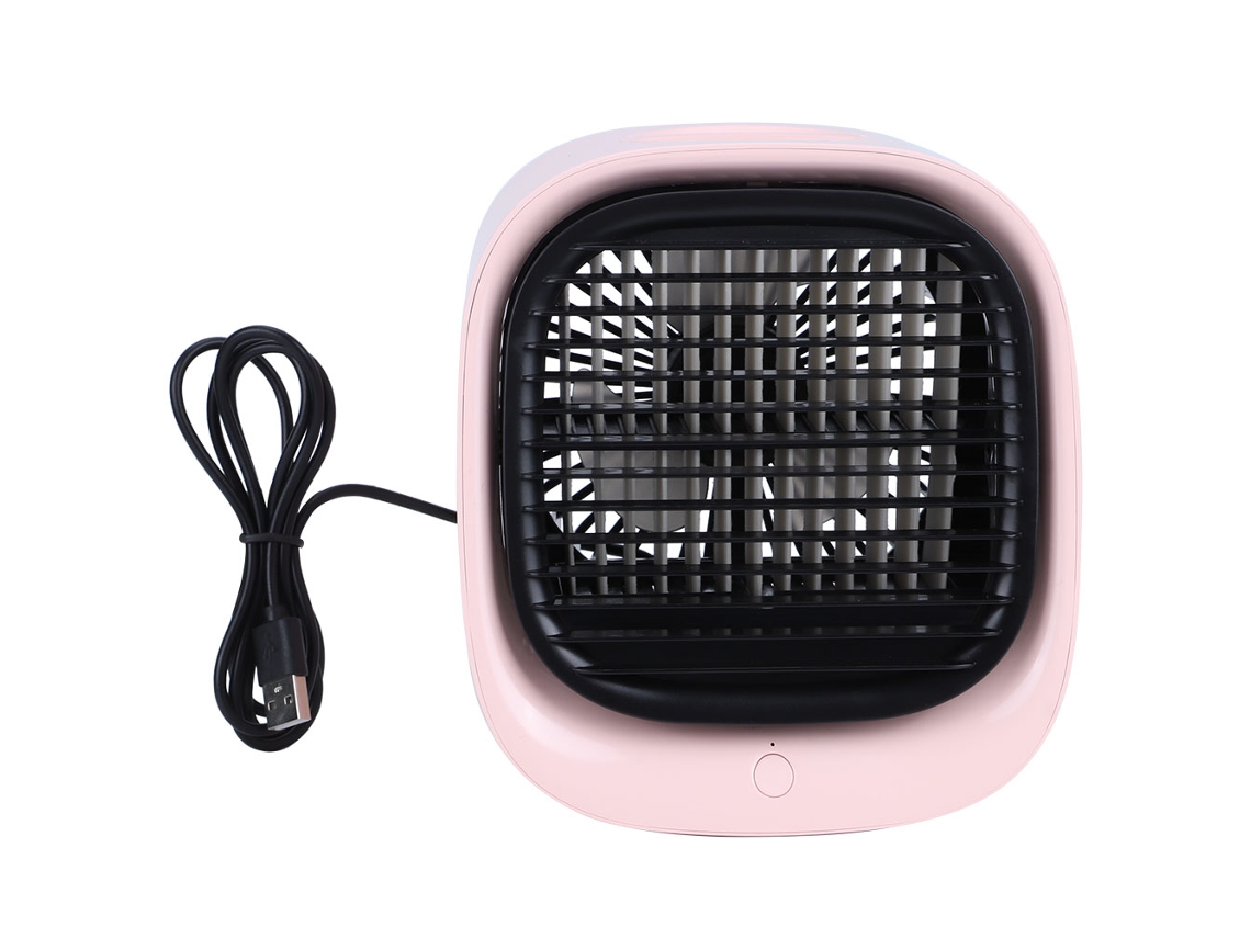 Ventilador USB con humidificador y luz nocturna rosa.