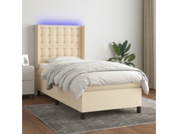 Cama Box Spring Colchón Y Luces Led Tela Crema 100x200 Cm