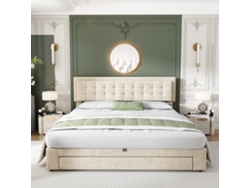 Cama Doble 160x200cm, Con Cajonera Y Cajones, Ajustable, Terciopelo, Base De Lamas, 3 Patas, Amplio Almacenaje, Beige