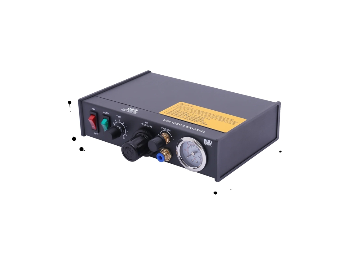 Máquina dispensadora de pegamento, control de goteo de precisión, funcionamiento semiautomático, color negro.