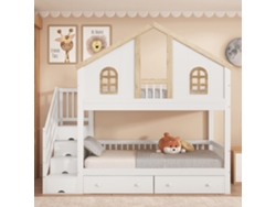 Litera infantil de 90 x 200 cm con barandilla de colores, ventana, cajones con ruedas y escalera con estantes de MDF de pino, estilo blanco natural.