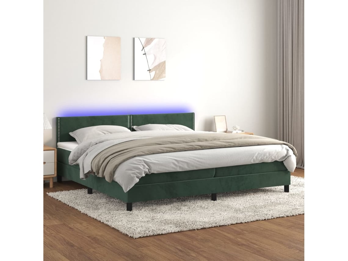 Cama Box Spring Colchón Y Led Terciopelo Verde Oscuro 200x200cm
