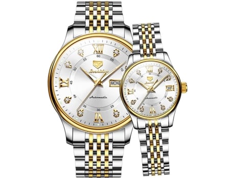 VEANXIN Juego de reloj mecánico automático con diamantes para pareja, regalo de boda romántico(blanco)