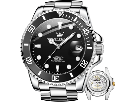 VEANXIN Reloj mecánico automático para hombre de acero inoxidable sin batería(negro plata)