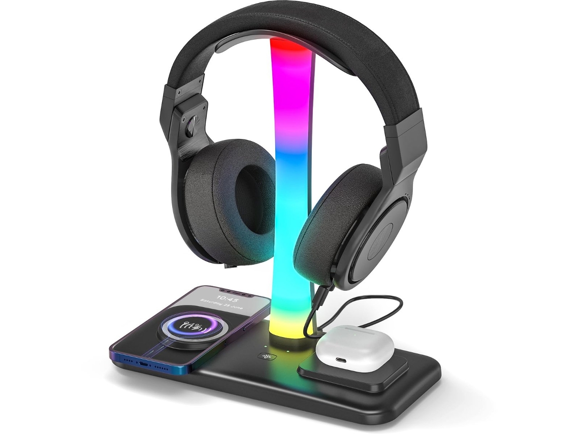Soporte Gaming 3en1 Negro Cargador Inalámbrico 15w 9 Luces Rgb Para Auricular