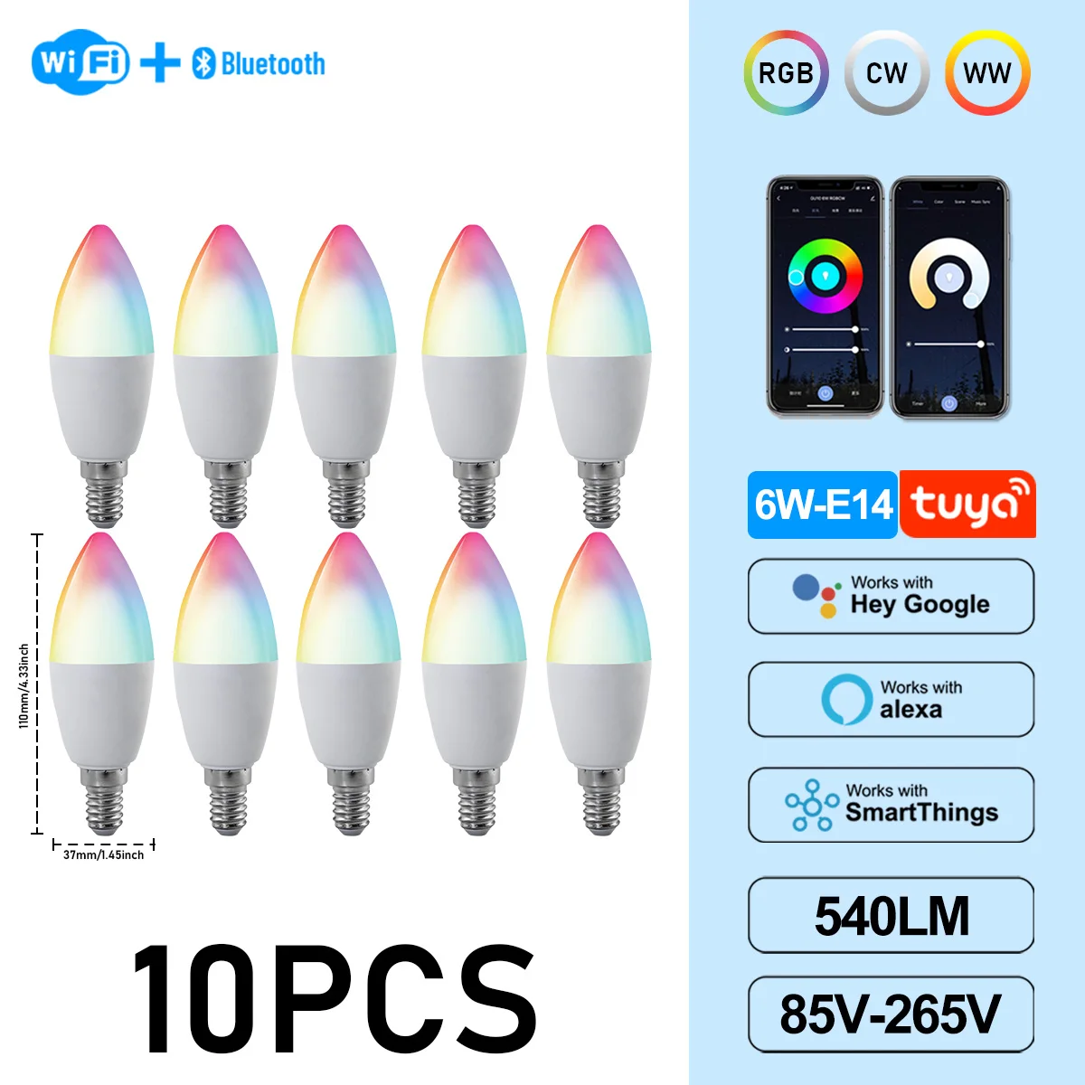 (10 Unidades, Ac85-265v) Bombillas Led Tipo Vela Graffiti De 6w C37 E14, Control Por Aplicación, Aptas Para Lámparas De Araña De Cristal.
