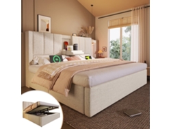 Cama Tapizada 160x200 Cm - Con Soporte Oculto Para Tazas, Estación De Carga, Almacenamiento - Beige