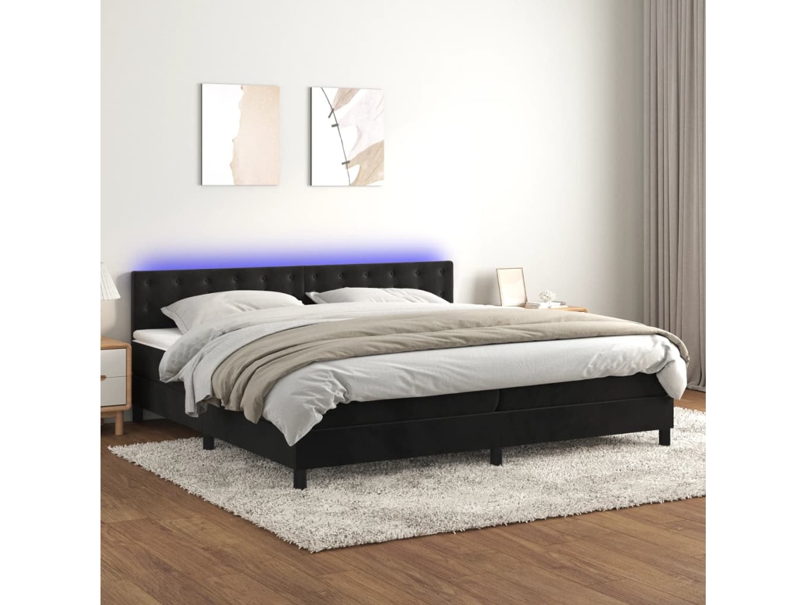 Cama Box Spring Colchón Y Led Terciopelo Negro 200x200 Cm