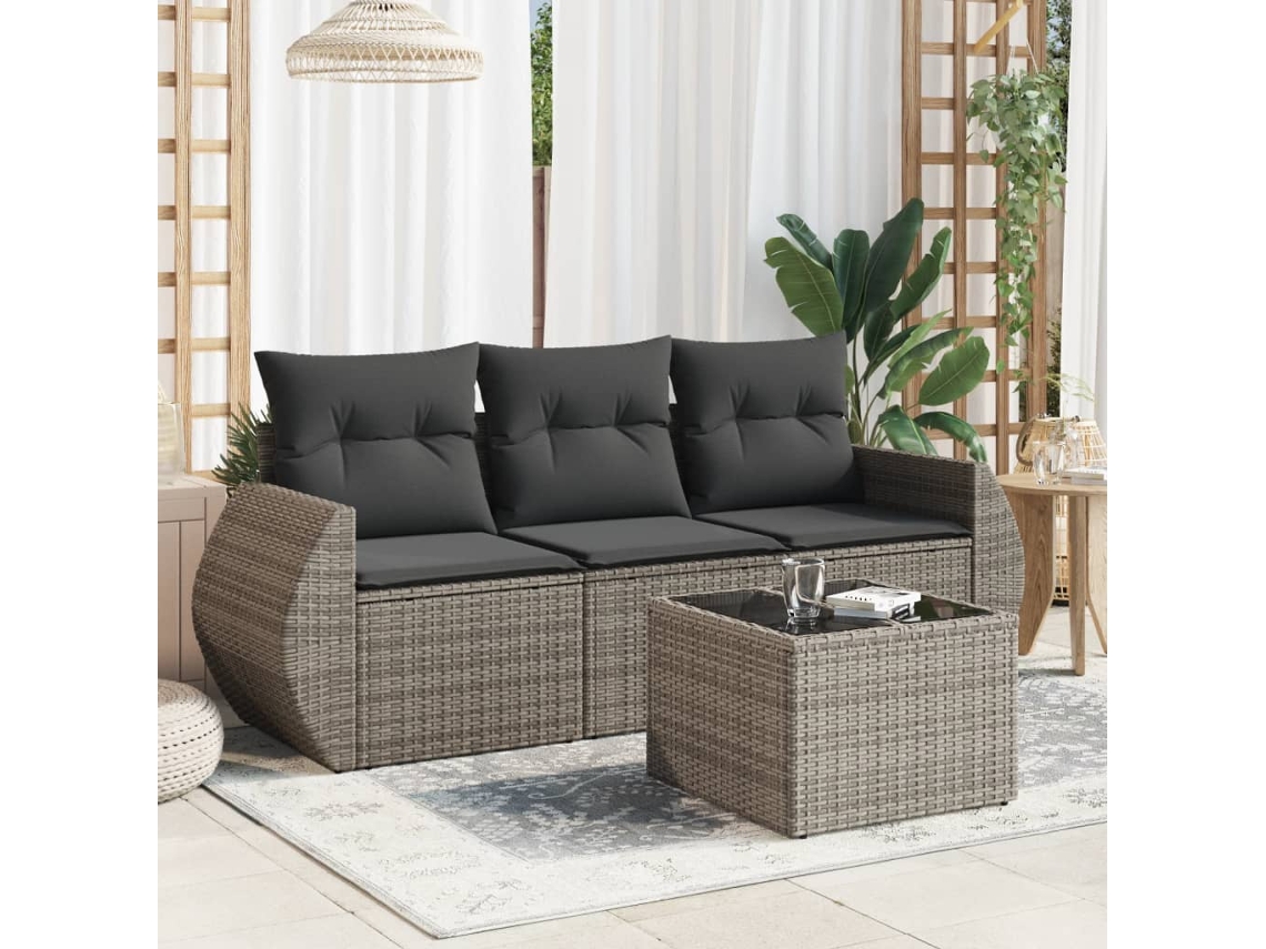 Conjunto de sofá de jardín de 4 piezas con cojines de ratán gris Lovely Home
