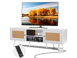 Soporte de TV VEVOR Rattan para TV Boho de 65 Pulgadas con Enchufe Incorporado Blanco