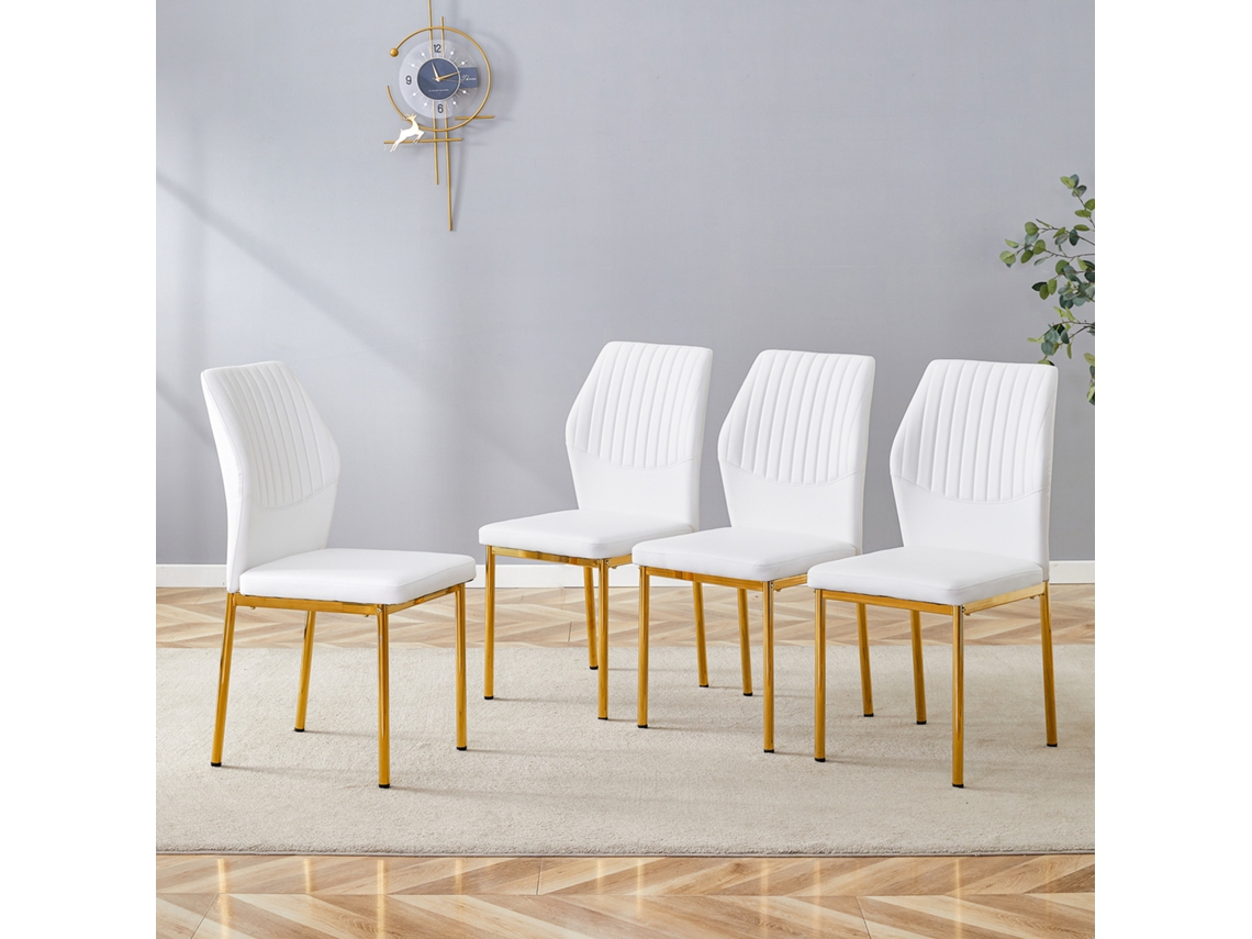 Juego De 4 Sillas De Comedor, De Poliuretano Blanco Con Relieve Vertical Y Patas Doradas.