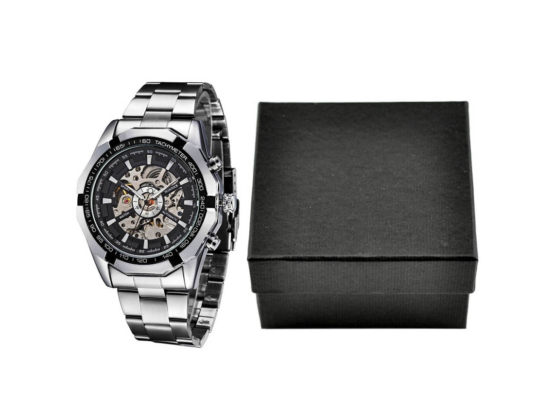 Reloj Mecánico Semiautomático Winner, Diseño Esqueletizado, Resistente Al Agua, Brazalete De Acero, Para Hombre.
