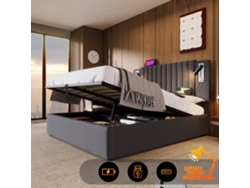 Cama Tapizada En Color Gris De 140x200 Cm Con Cabecero Remachado, Led, Usb, Espacio De Almacenamiento Y Somier De Láminas.