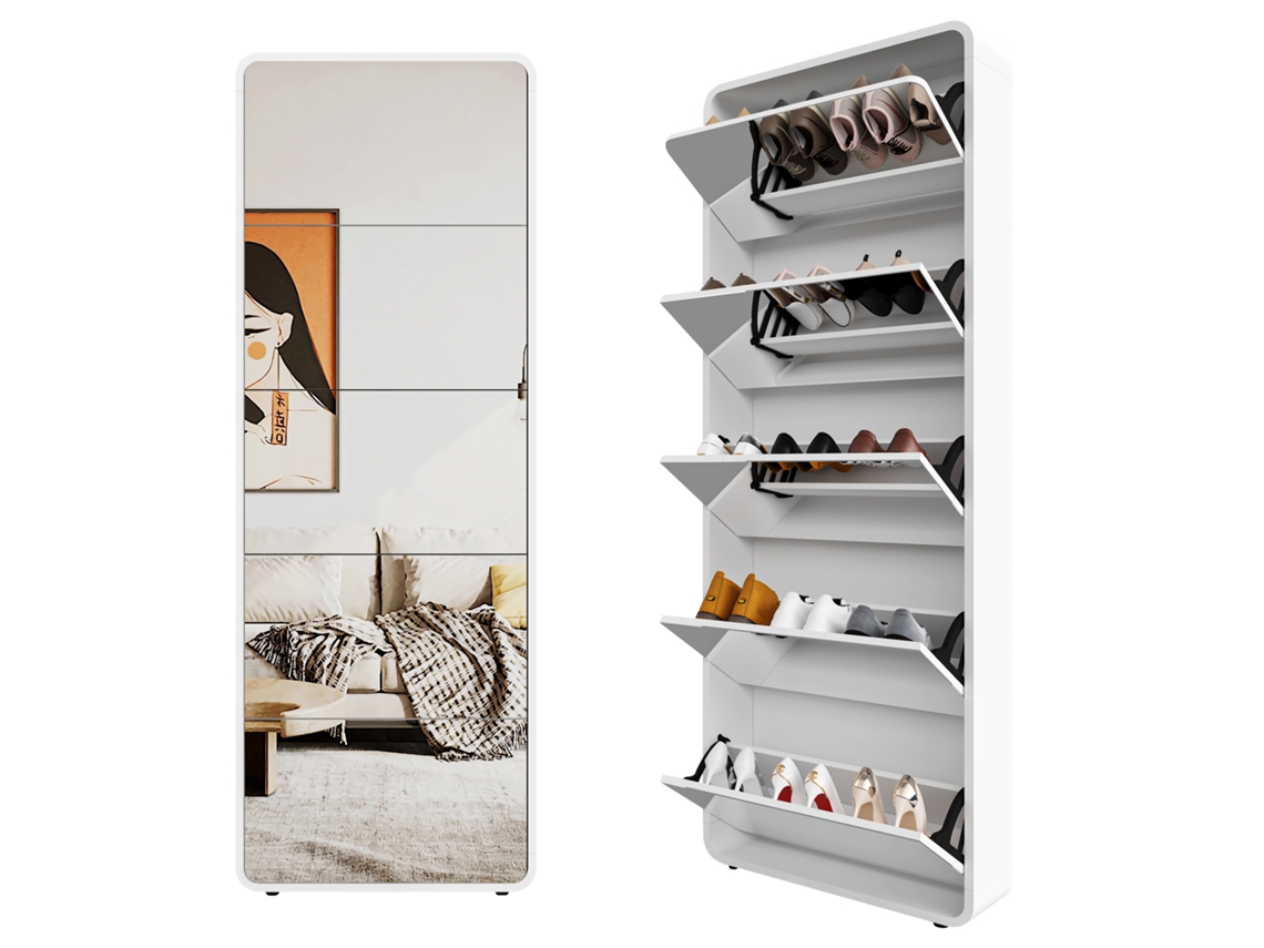 Zapatero Con Espejo 5 Compartimentos - Diseño Curvo, Organizador Inclinable - Blanco