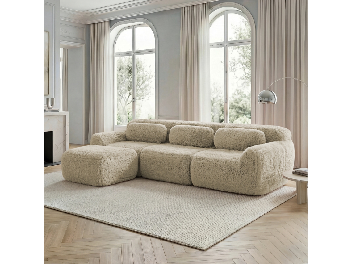 Sofá Modular L - Plüsch, Sin Montaje, Cojines, Antideslizante, Cómodo - Beige Claro