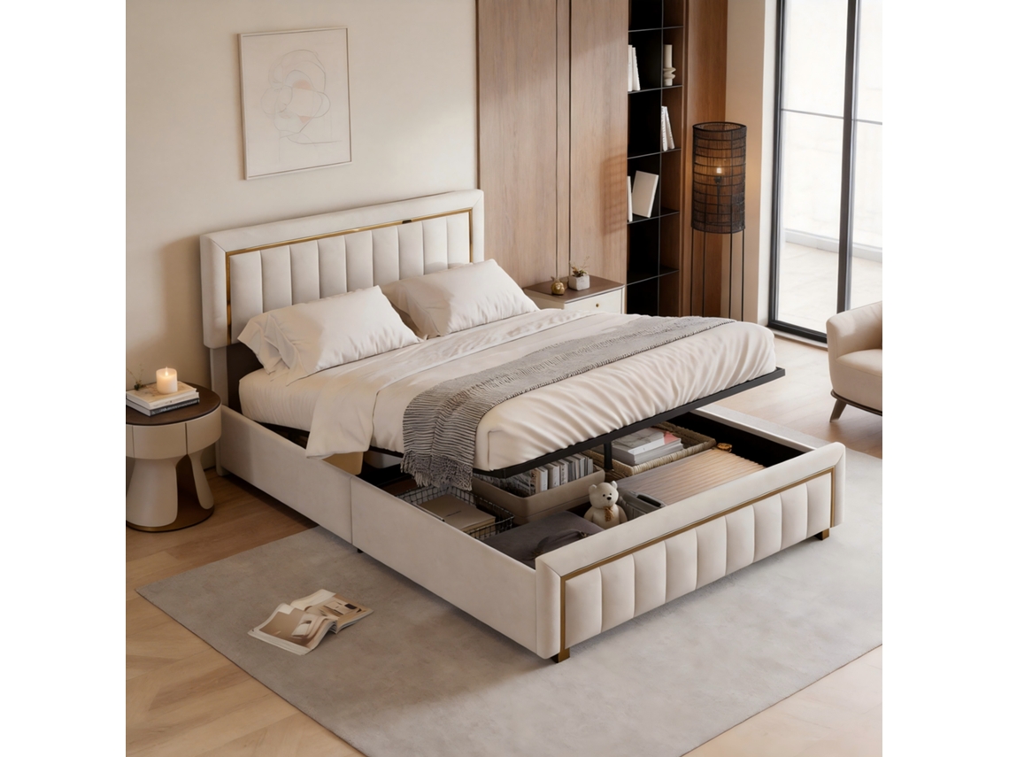 Bastidor Cama Matrimonio Hidráulica Con Almacén 140x190 Cm, Franela Beige Rosahqnda