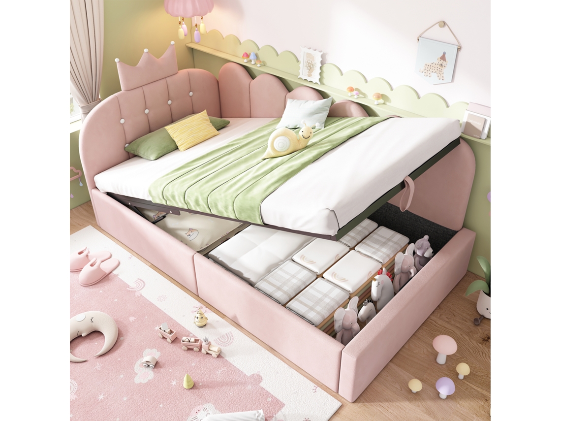 Sofá Cama Infantil 90x190 Cm Terciopelo Rosa, Almacenamiento Hidráulico, Diseño Corona, Colchón No Incluido.