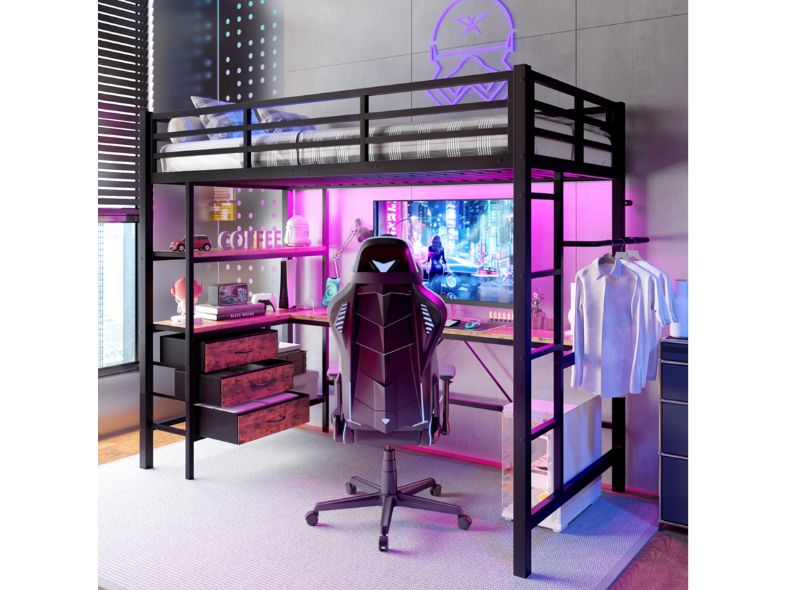 Cama Alta De 90x200 Cm, Escritorio Led, Usb, 3 Cajones, Estantes, Riel Negro.