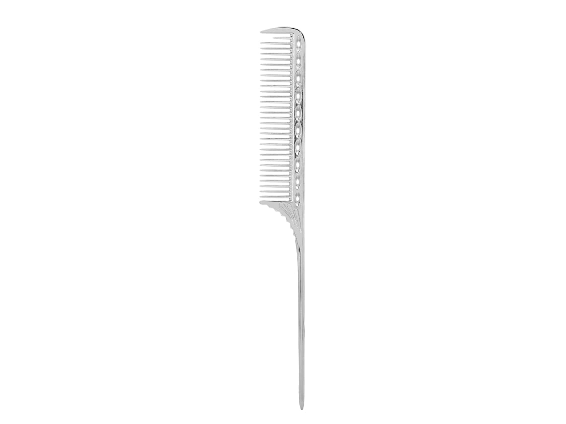 Peineta de aluminio plateado con cola de rata para peluquerías, salones de belleza y estilo profesional.