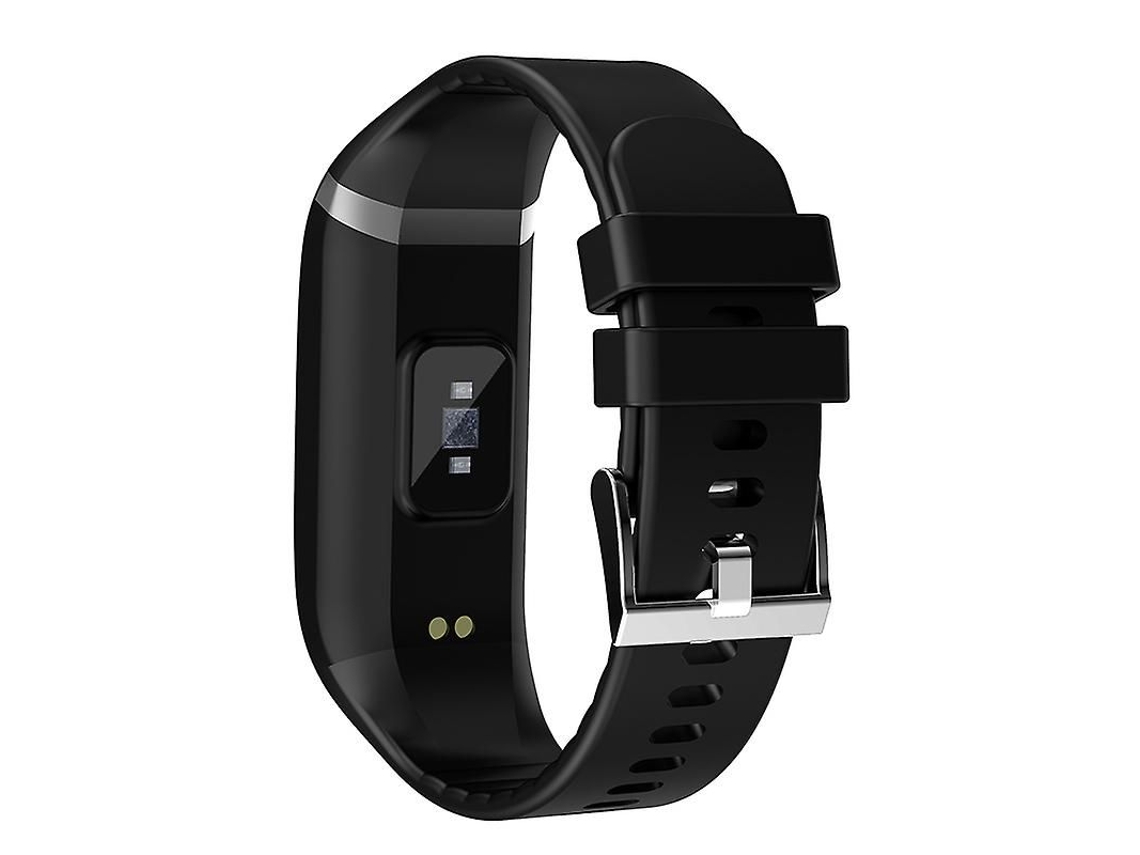 Pulsera inteligente con monitorización de frecuencia cardíaca, presión arterial y oxígeno en sangre, conectividad Bluetooth y capacidad para registrar el ejercicio y los pasos.