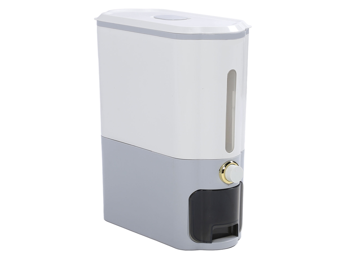 Dispensador de arroz con tapa, PP, 11 kg, resistente a altas temperaturas, recipiente hermético para granos y legumbres, gris claro.