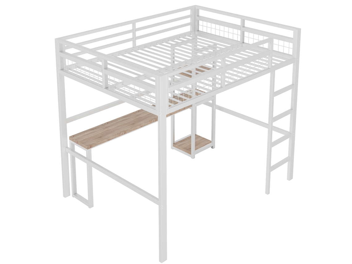 Cama colgante de 140 x 200 cm con estructura de metal, USB-C, rejilla y escalera, color blanco Komhtom (sin colchón)