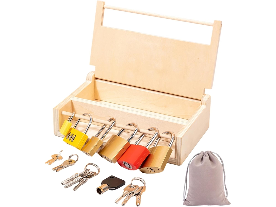 Juego de juguetes Montessori con llave y cerradura para niños de 3 años en adelante (6 piezas)