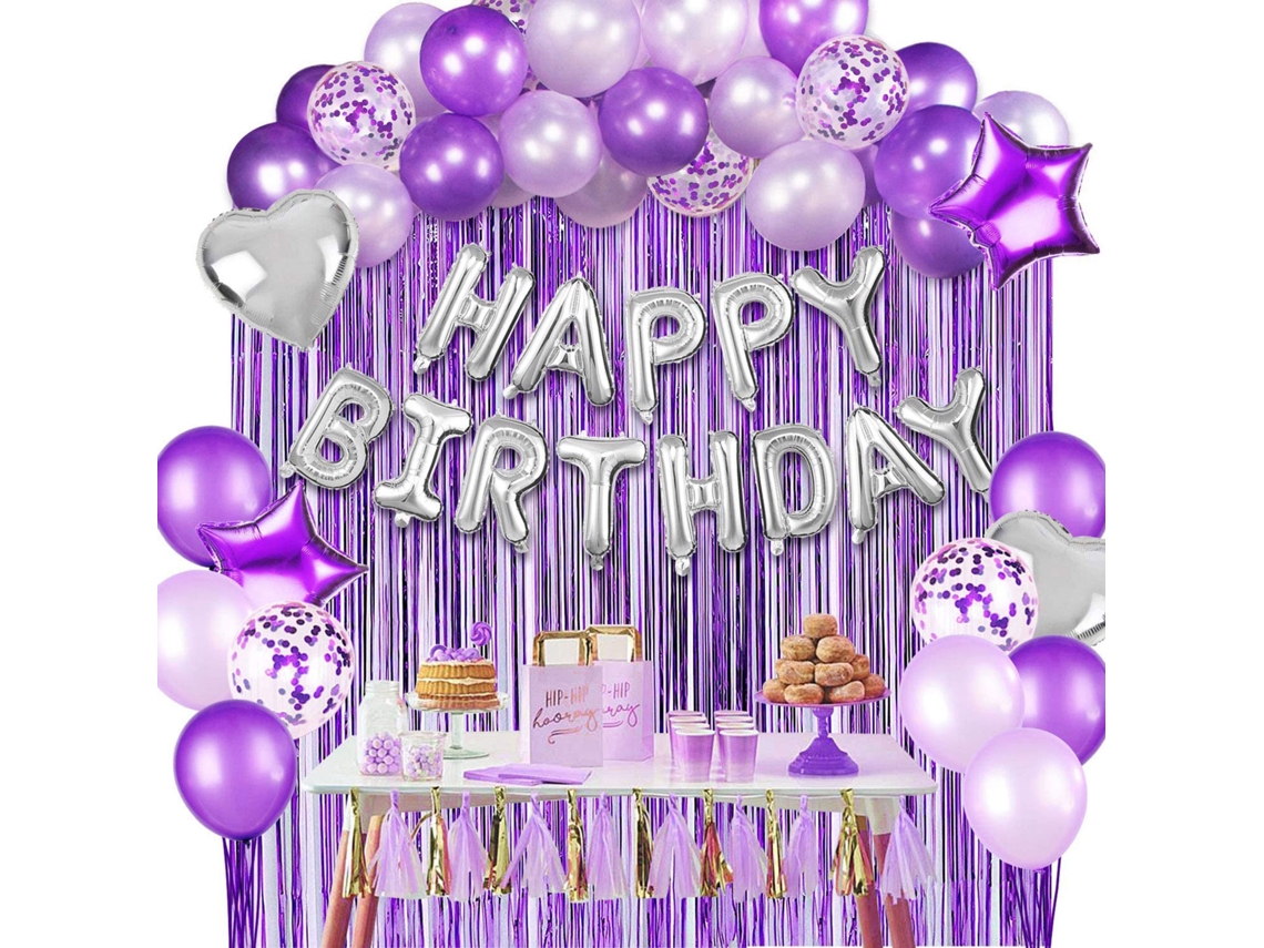 Conjunto de 37 globos decorativos de cumpleaños morados y plateados