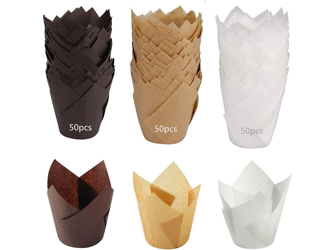 Moldes de magdalenas de papel JEIIBRZUI en forma de tulipán, marrón blanco y marrón oscuro, 50 unidades de cada una
