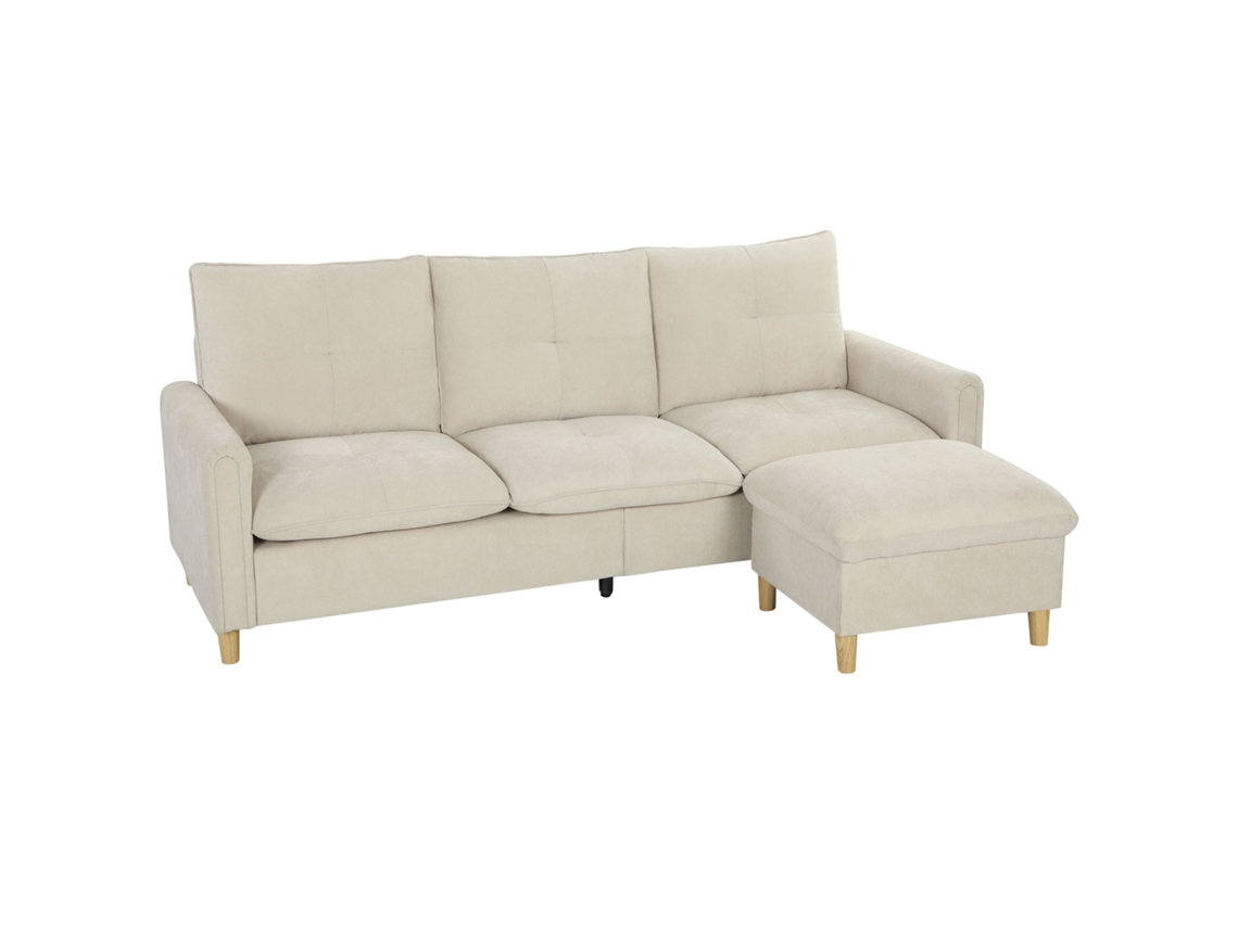 Sofá modular de 3 plazas ZACHARY con otomana de almacenamiento, 210 cm, asiento ancho, estilo lino, color crema.