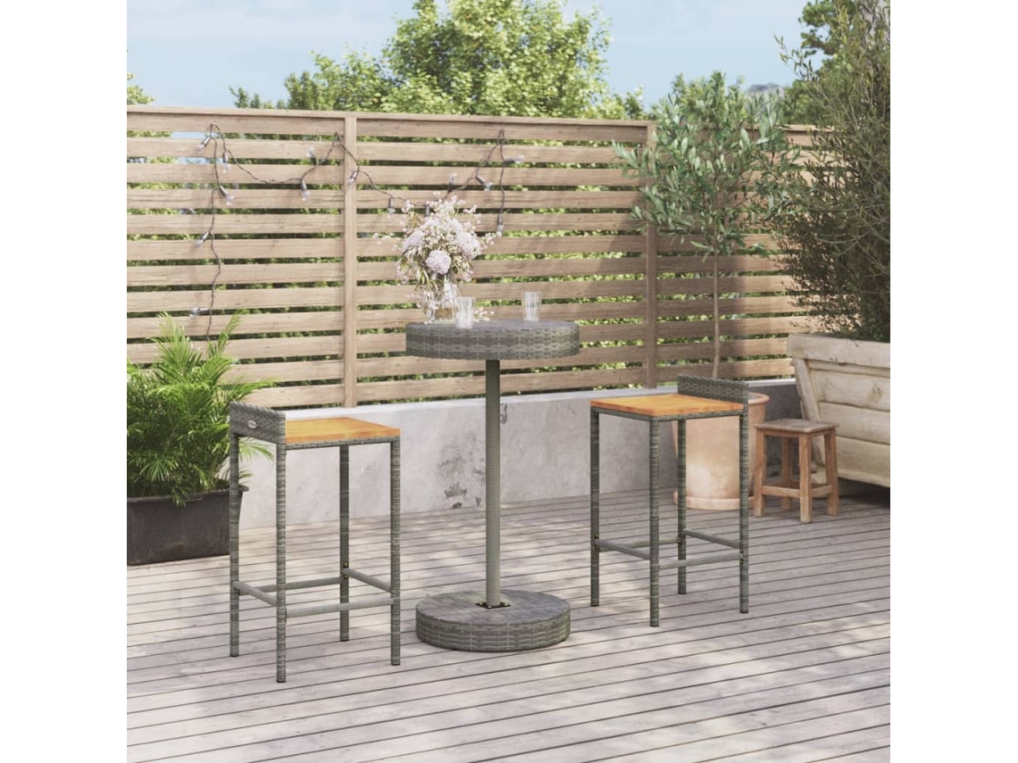 Conjunto de bar de jardín de 2 piezas en mimbre macizo de acacia, gris, DKD Home Decor