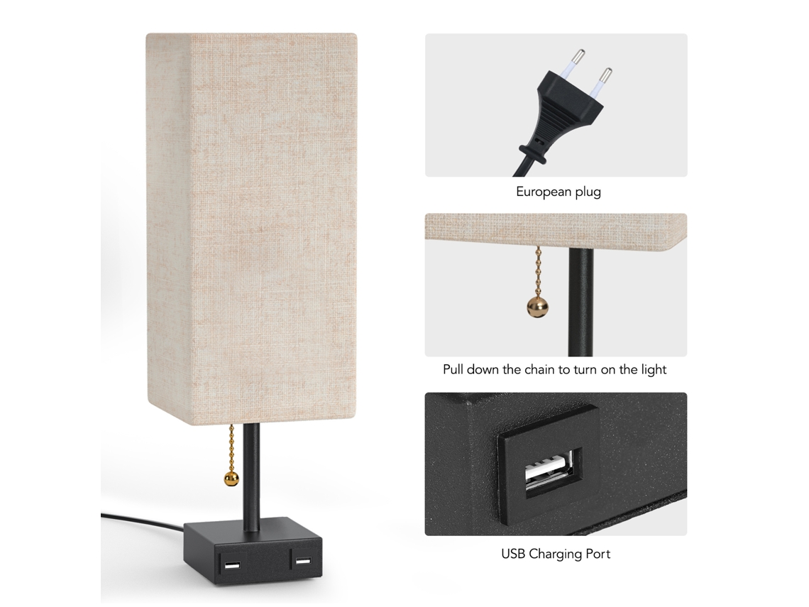 Lámpara de mesilla Neoglint BJ con 2 puertos USB para sala de estar/dormitorio/estudio, base E26/E27, diseño compacto.
