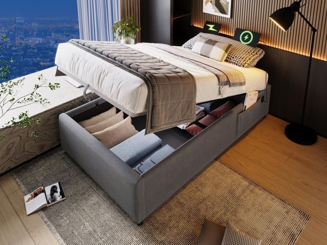 Cómoda Cama Tapizada 90×200 Cm - Tela De Lino - Con Enchufes De Carga Y Cojín De Láminas - Gris