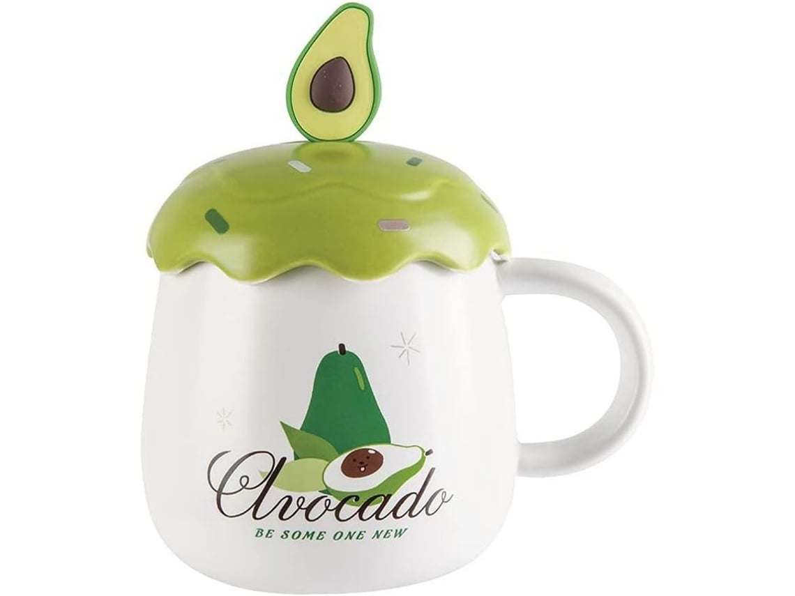 Caneca de cerâmica 2026 com tampa e colher, design criativo de abacate, ideal para café, chá e latte. Pode ser usada no micro-ondas e na lava-louças. Capacidade: 266 ml.