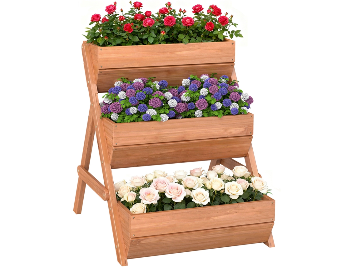 Macetero elevado de madera con drenaje, 3 niveles, para jardines exteriores, 65x75x76 cm, color castaño.