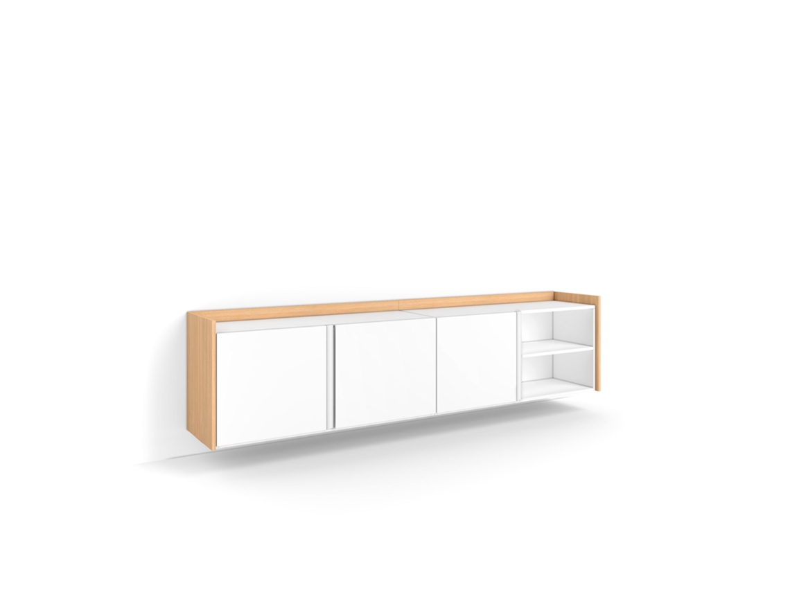Mueble para TV, 207x35x50cm, para televisores de hasta 80'', de montaje en pared, color blanco y roble claro.