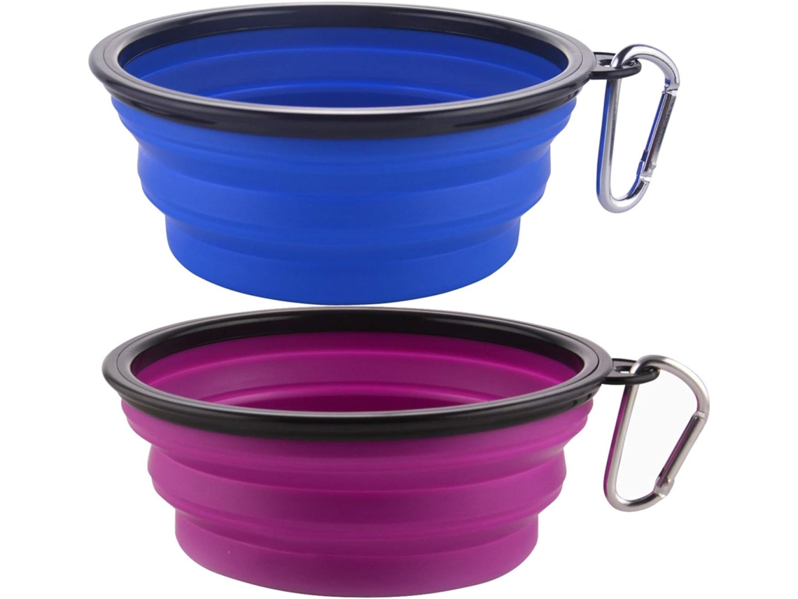 Juego de 2 cuencos de silicona para mascotas con gancho, color azul y morado con marco negro, capacidad de 350 ml JEIIBRZUI