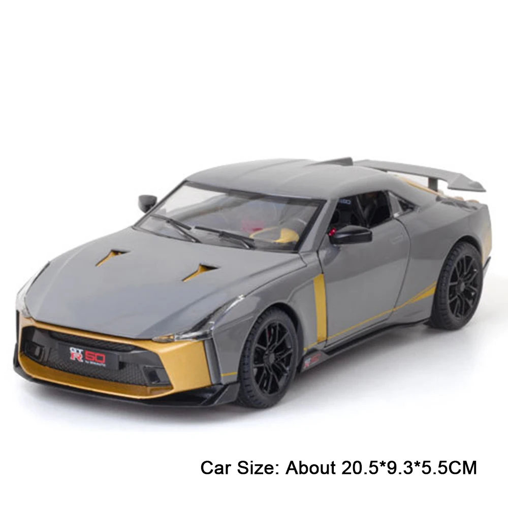 (gt-r50 Gris) Coche deportivo en miniatura a escala 1:24, fabricado en aleación de metal, con puertas que se abren y efectos de sonido y luz.