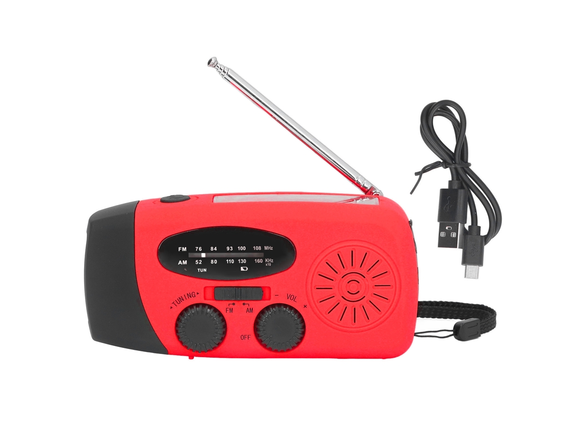 Radio portátil solar de manivela con LED, FM, AM, WB y USB para emergencias y prevención de desastres