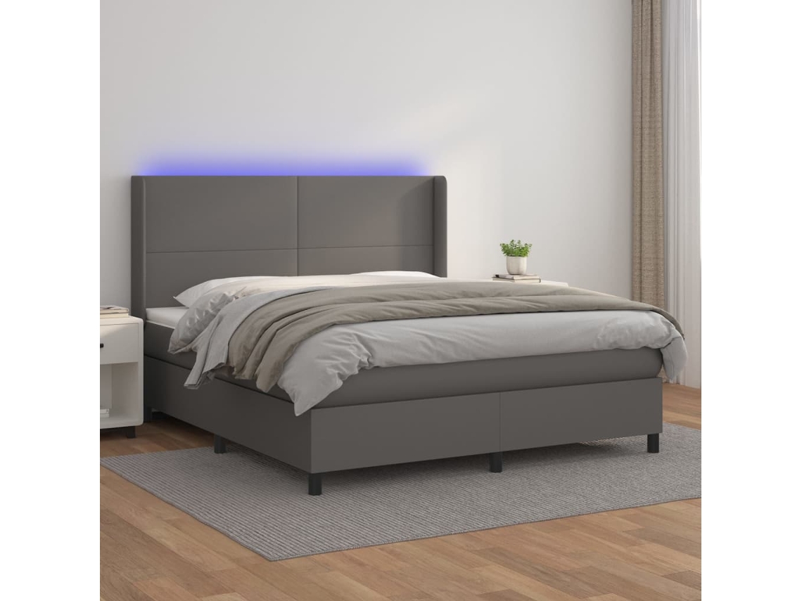 Cama Box Spring Colchón Y Led Cuero Sintético Gris 160x200 Cm