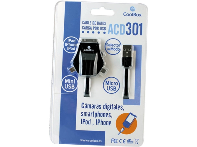 Cable USB COOLBOX USB/microUSB/miniUSB/Apple iPhone 1 m Macho/Macho Negro