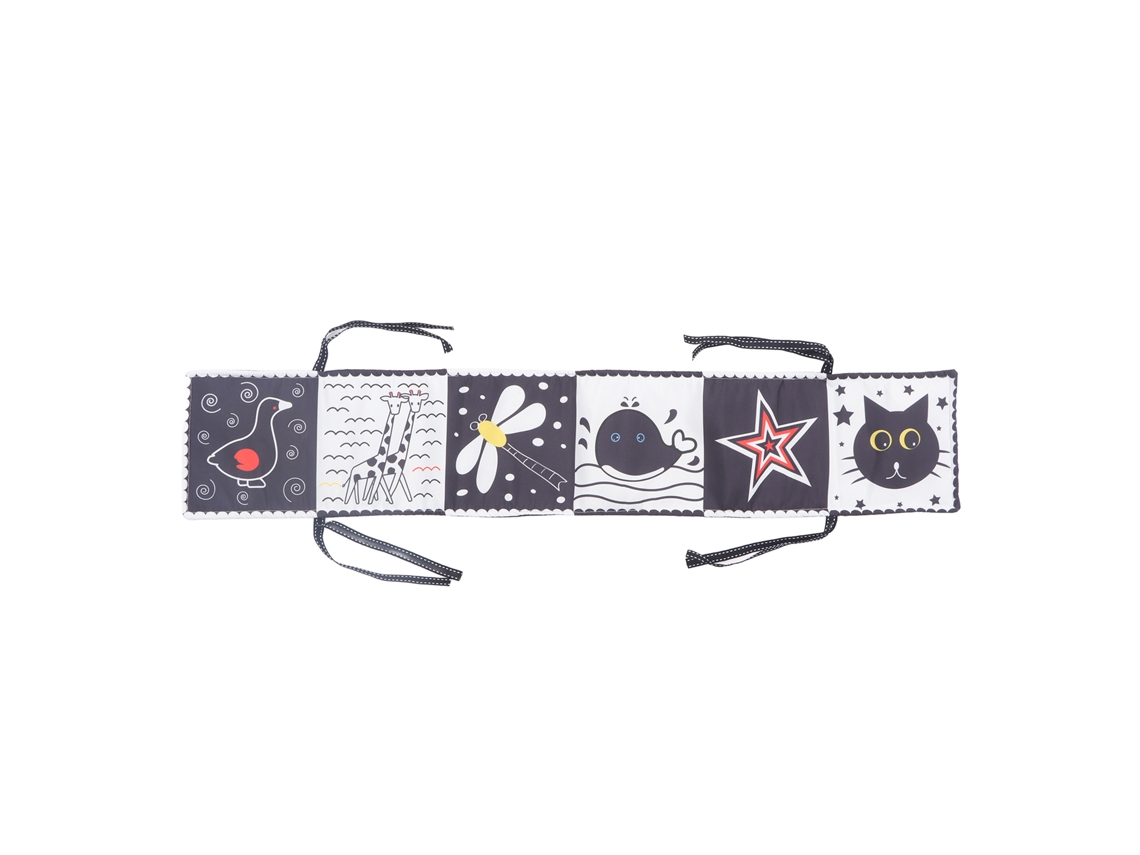 Rebe - Livro de pano para bebê com 12 páginas, frente e verso, em preto e branco, com tema de rodeio, incluindo plantas, animais marinhos e insetos.