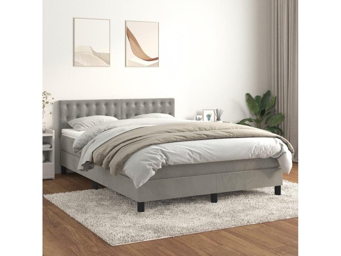Cama Box Spring Con Colchón Terciopelo Gris Claro 140x190 Cm