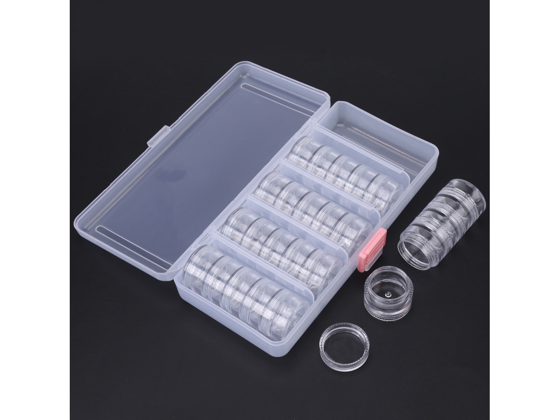 25 Pequeños Recipientes Redondos De Plástico Transparente Para Guardar Cuentas Y Joyas Con Caja Rectangular.