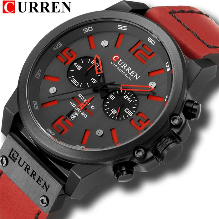 Reloj De Cuarzo Para Hombre Con Correa De Piel Auténtica (negro Y Rojo), Informal, Para Citas Y Negocios.