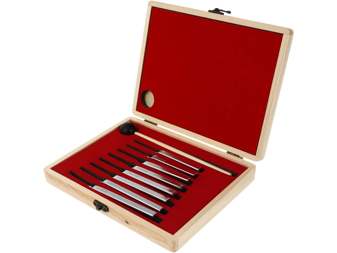 Juego de 8 diapasones de aluminio para afinar guitarras y violonchelos.