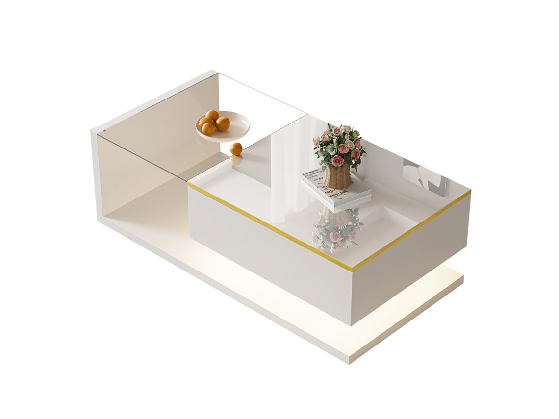 Mesa Centro 100cm Blanco Brillante Cristal Led Mesas Auxiliares Salón Moderno