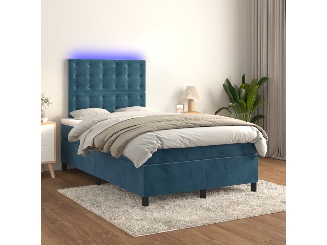 Cama Box Spring Colchón Y Led Terciopelo Azul Oscuro 120x200 Cm