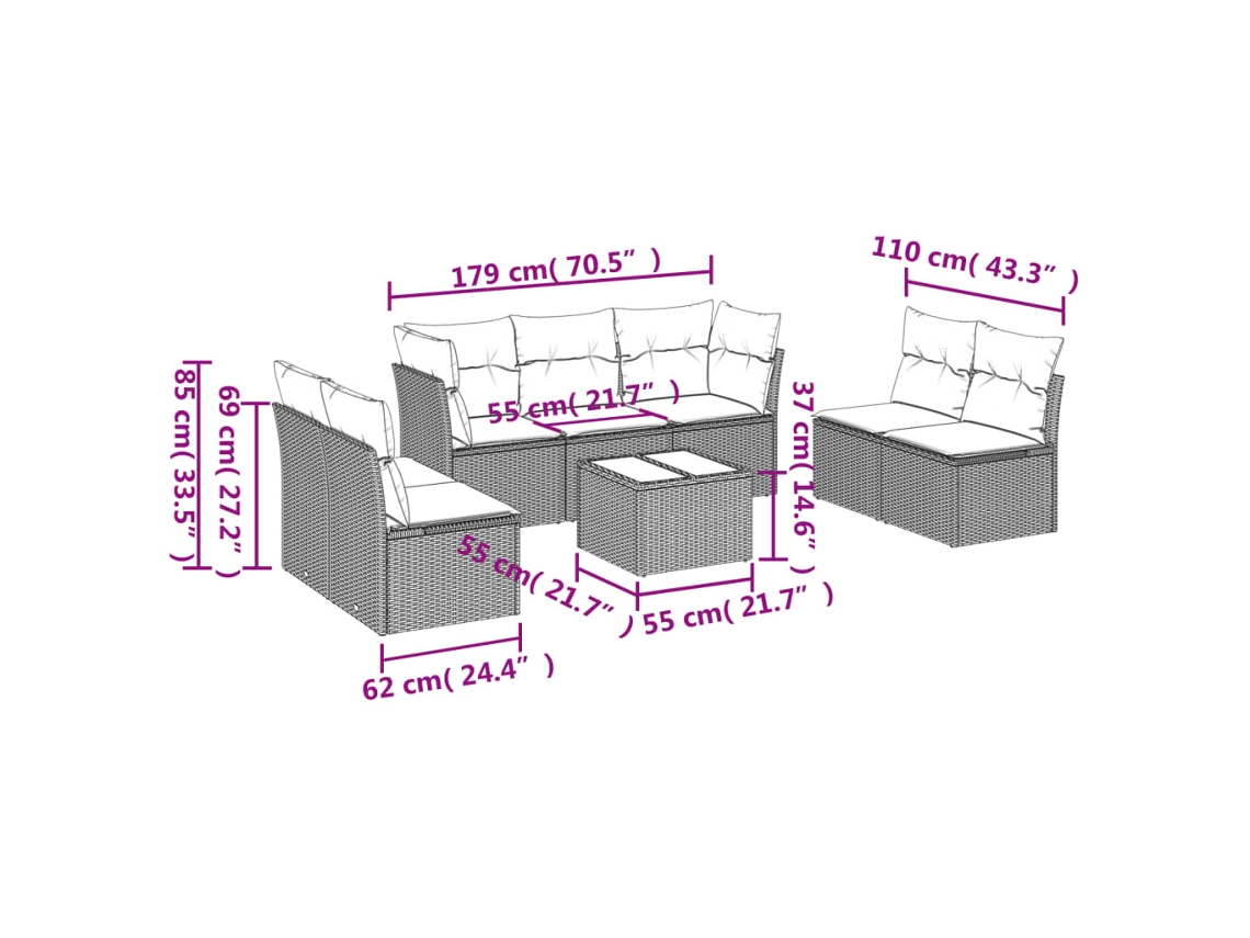 Conjunto de 8 sofás de jardín con cojines de mimbre sintético negro, Dkd Home Decor